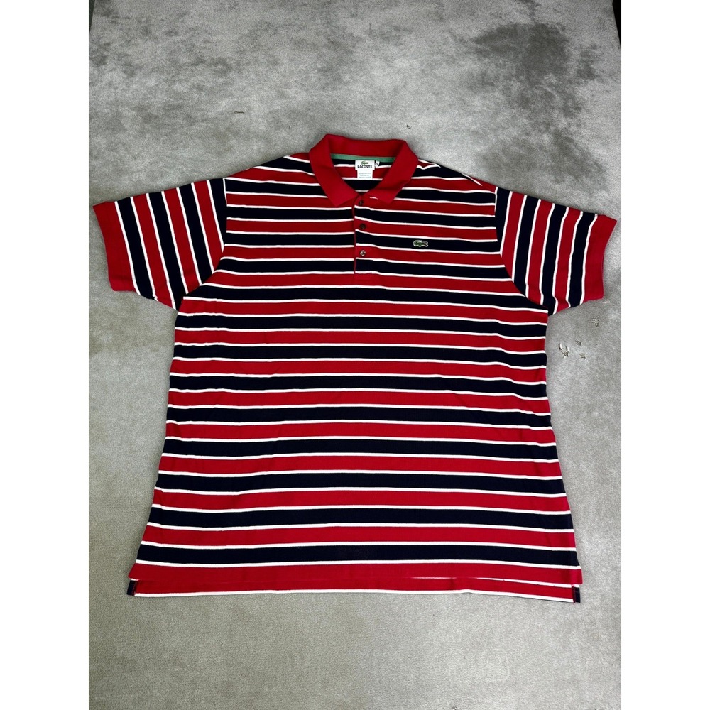 Lacoste Polo Shirt Mens 10R (4XL) Red Black Striped Cotton Crocodile Patch Logo
